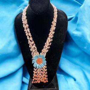 Handmade Coral Tassel Beaded Floral Necklace
